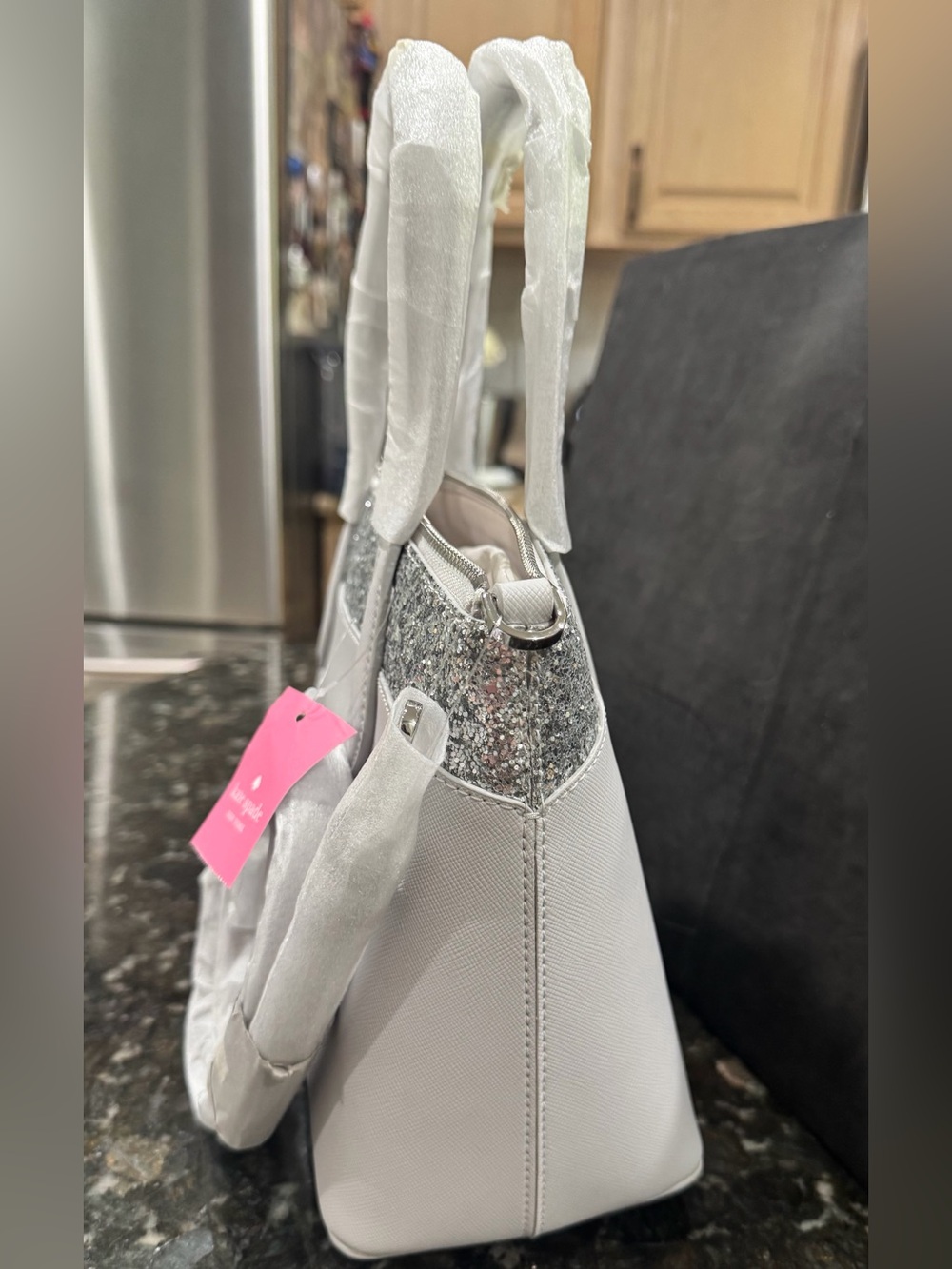 kate spade White Satchel with Silver Glitter Trim - Picture 3 of 10